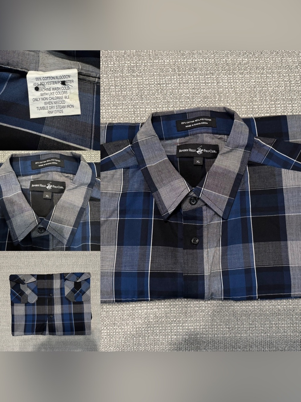 Beverly Hills Polo Club Men's Navy and Gray Plaid Button-Down Shirt